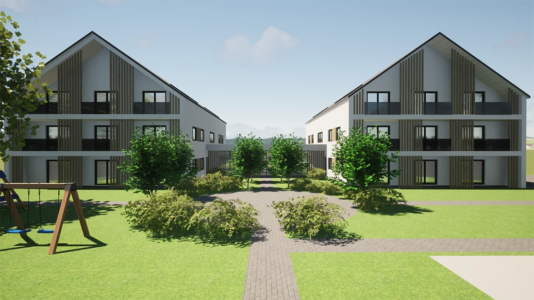 Visualisierung eines Mehrgenerationenbauprojekts in Schwabhausen &ndash; moderne Wohnarchitektur f&uuml;r gemeinschaftliches Leben &uuml;ber mehrere Altersgruppen hinweg.