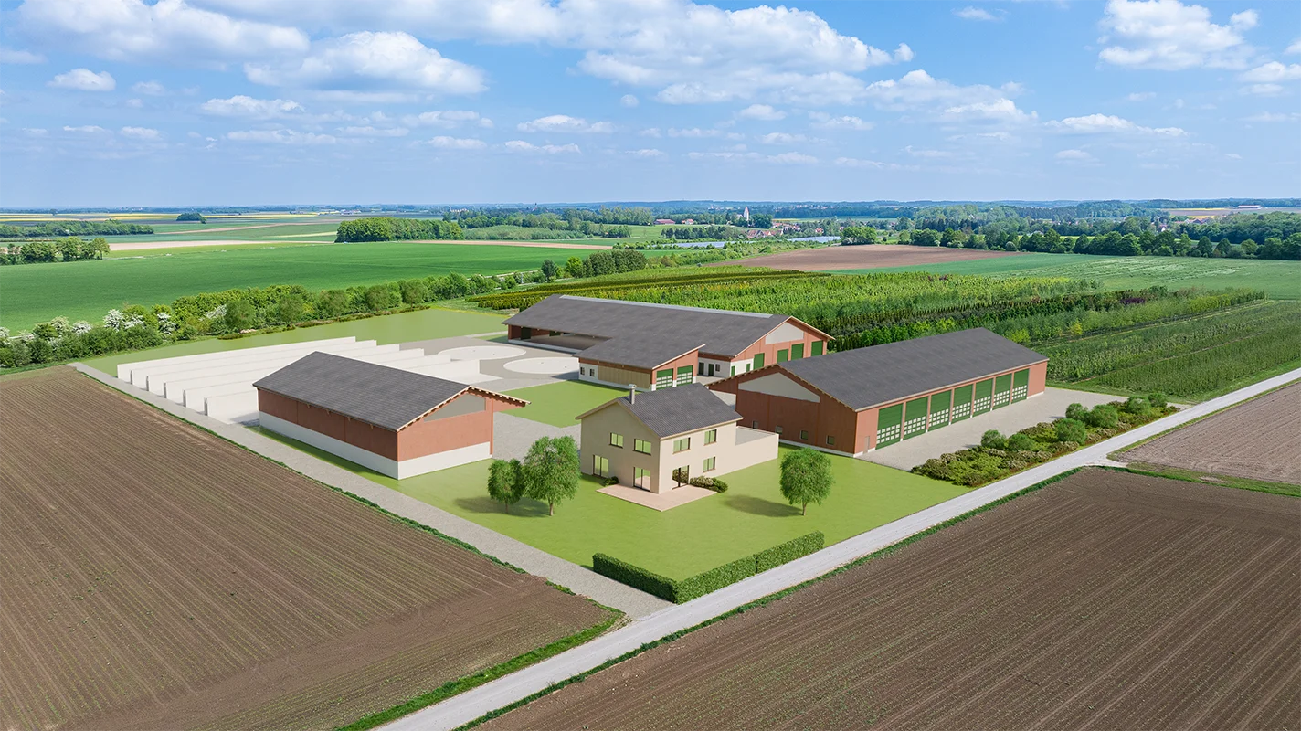 Luftbild des Grundst&uuml;cks mit &uuml;berlagerter 3D-Darstellung der zuk&uuml;nftigen Bebauung mit Betriebsleiterwohnhaus im Fokus