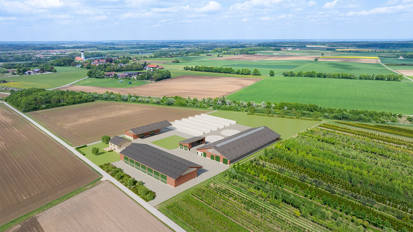 Digitale Bauvisualisierung der Hofstelle, kombiniert mit einer aktuellen Luftaufnahme des Bauplatzes